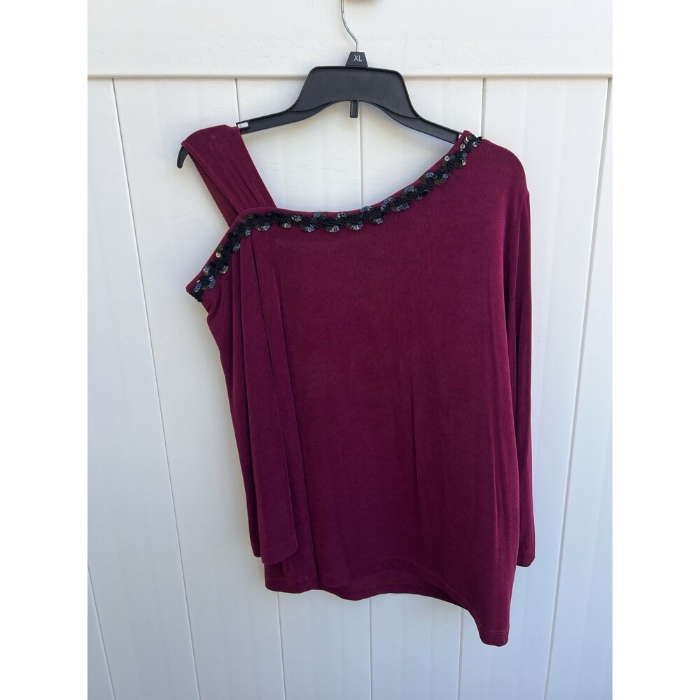 Slinky Brand Women's Purple Top Size Small Acetate One Shoulder Embellished - Picture 3 of 4